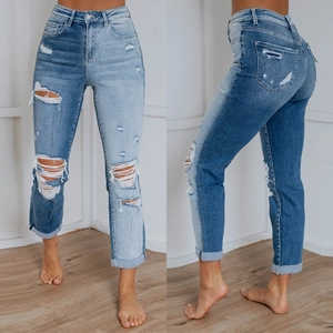 Jeans A Vita Alta Da Donna Color Block Jeans Strappati Bicolore Gamba Dritta Pantaloni In Denim Distressed