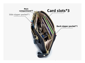 Detail view of leather wallet showing three card slots and multiple zipper pockets