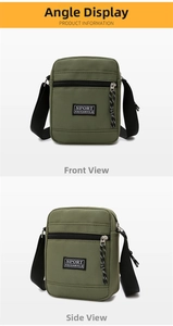 Detail view of the olive green nylon crossbody bag showing the zipper and sport label
