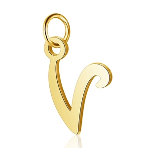 Detailed view of a polished golden letter V pendant made of stainless steel with jump ring