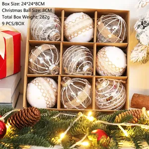 Set of 9 assorted 8cm Christmas balls with lace and burlap details in a gift box