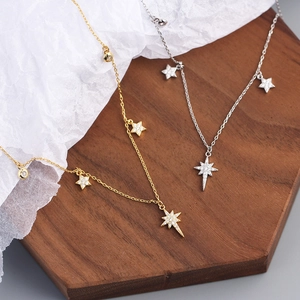 Elegant S925 sterling silver star necklaces with sparkling zircons in gold and silver