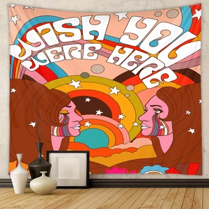 Detailed view of artistic retro tapestry hanging on white wall with modern vase and wooden floor