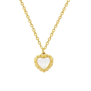 Collier cœur en acier doré avec incrustation de nacre et bordure perlée délicate