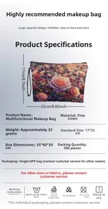 Floral linen toiletry bag featuring roses with size 25x17cm and zipper closure details