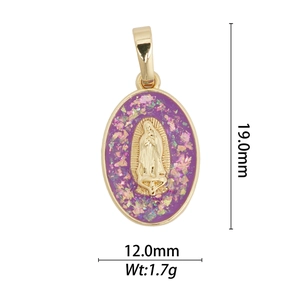 18k gold plated oval pendant with purple glitter and Virgin Mary relief, 19x12mm size