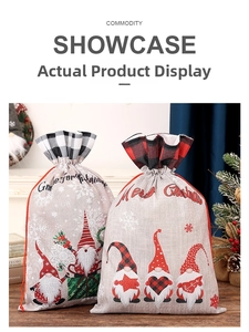 Close-up of Christmas linen gift bags with festive gnome prints and plaid drawstring closures