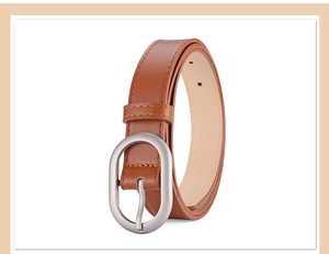 Detailed close-up of brown PU leather belt with a silver oval metal buckle on white background
