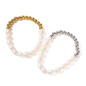 PVD 16K gold plated stainless steel bead bracelet with natural freshwater pearls