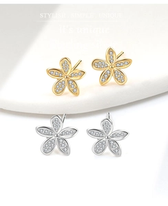Detail of S925 sterling silver flower stud earrings with micro-set zircon in gold and silver