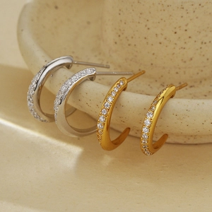 Elegant S925 silver and gold C-shaped earrings with micro-set zircon stones