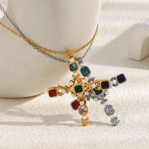 Vintage 18K gold-plated cross necklace with colorful gemstones and faux pearls for women