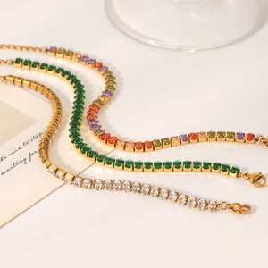 Luxurious gold stainless steel tennis bracelet with colorful high-clarity zircon stones