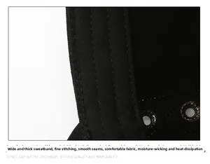 Detail of widened sweatband and metal air vents on the black military style cap
