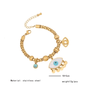 Detailed view of evil eye and turquoise pendant on gold stainless steel chain