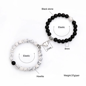 Magnetic heart bracelets set with 8mm natural black stone and white howlite beads