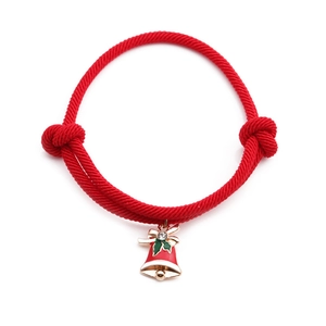 Christmas red rope bracelet featuring a golden alloy bell charm with colorful enamel