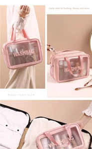 Pink large-capacity waterproof travel washbag with handle and transparent PVC compartment