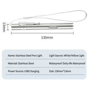 Lampe stylo médicale rechargeable en acier inox avec double éclairage blanc et jaune