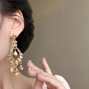 Boucles d'oreilles pendantes à franges en cristal champagne portées par un mannequin