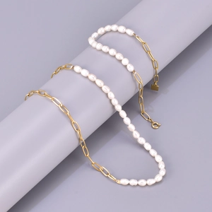 Freshwater Pearl Spliced Necklace And Bracelet Geometric Square Pendant Gold Plated Titanium Steel Link Chain Jewelry