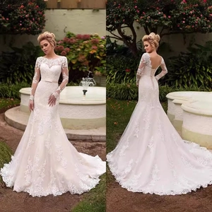 Robe De Mariée Sirène Dentelle Manches Longues Encolure Illusion Dos Nu Petite Traîne Robe De Mariée Élégante