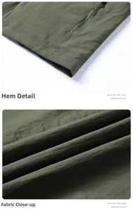 Detail of army green windproof fabric texture and flat bottom hem stitching on the jacket