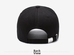 Rear view of black baseball cap showing cotton twill fabric and silver metal buckle adjustment