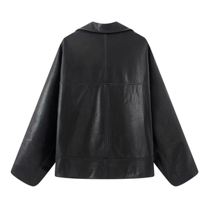 Back view of classic black leather jacket showing high-quality stitching and smooth texture