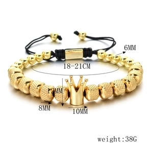 Detailed dimensions of gold crown beaded bracelet with adjustable black woven cord