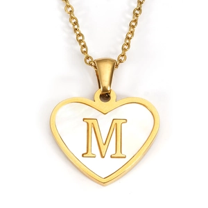 Golden heart pendant necklace with white shell inlay and letter M on a thin O-chain