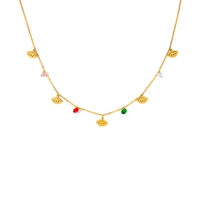Detail of gold necklace with evil eye charms and colorful water-drop gemstones