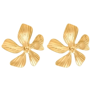 Elegant gold flower earrings with five petals and textured metallic finish on white background