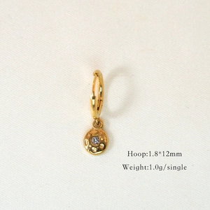 Detailed view of 14K gold plated hoop earring with white shell pendant and dimensions