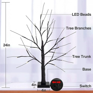 Detail view showing 24-inch LED tree dimensions with trunk branches and base switch
