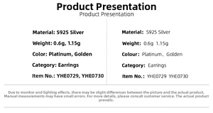 Specifications chart for S925 sterling silver rivet earrings in gold and silver finishes