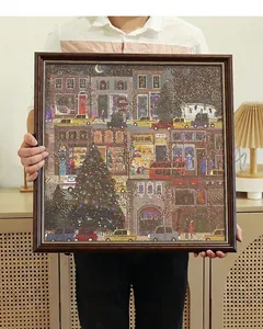 Detailed view of dark brown wood grain frame featuring festive Christmas city puzzle