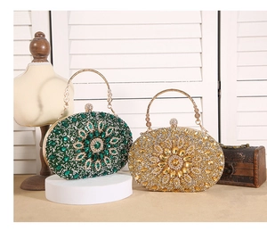Detailed macro shot of luxury sunflower evening clutches in green and gold with crystals