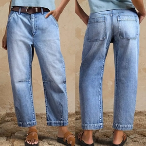 Jean Femme Taille Haute Jambe Large Droite Denim Coton Polyester Délavé Court Fente Latérale Street Casual