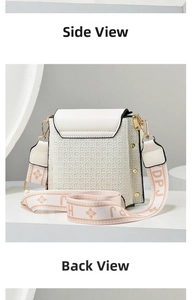 Detail showing the side and back view of a cream crossbody bag with a wide woven strap