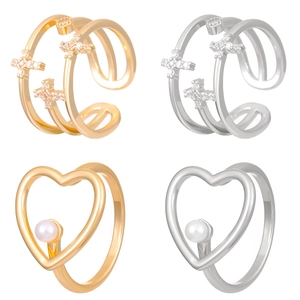 Set of gold and silver layered cross star rings and hollow heart pearl open rings