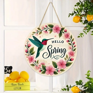 Spring wooden door sign featuring a colorful hummingbird and pink flowers with Hello Spring text
