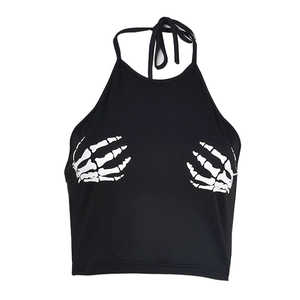 Detail of black halter crop top featuring white skeletal hand graphic print for women