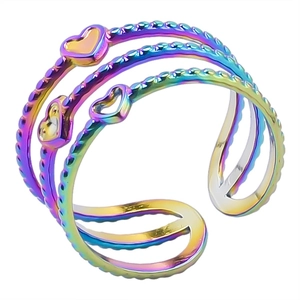 Detail of rainbow titanium steel ring featuring multi-layer heart shapes and beaded texture