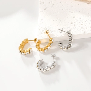 C-Shaped Hoop Earrings For Women 316 Stainless Steel Zirconia Inlaid 18K Gold Plated Minimalist Geometric Jewelry