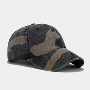Detailed side view of camouflage baseball cap showing fabric texture and curved brim