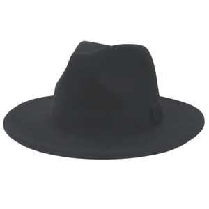 Detailed close-up of a black wide-brimmed wool fedora with a matching grosgrain ribbon band