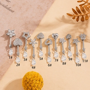 Set of 11 stainless steel belly rings with zircon heart and teardrop pendants
