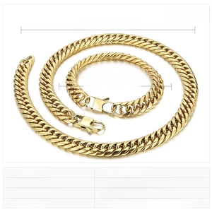Detailed set of thick golden stainless steel Cuban link necklace and matching bracelet