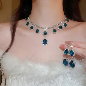 Luxury waterdrop crystal necklace and earring set with shimmering blue stones